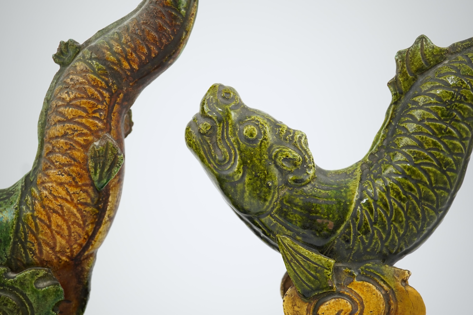 Two Chinese sancai ‘dragon-fish’ ridge tiles, Ming dynasty, c.1580-1620